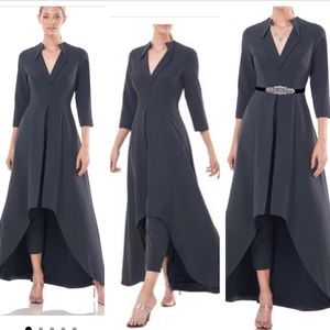 Kay Unger Valerie Crepe Walkthru Jumpsuit. Size 12, charcoal, new with tags